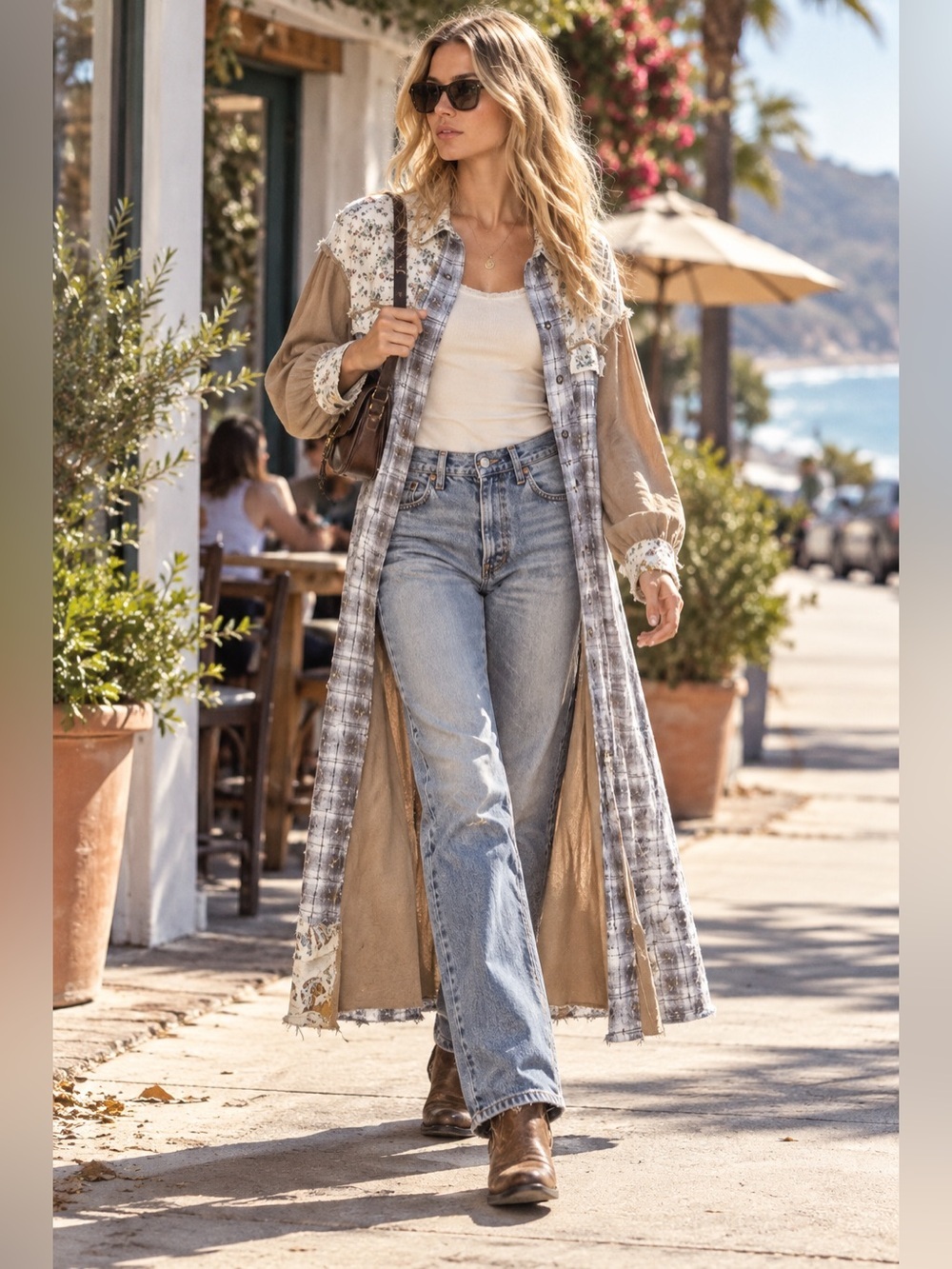 POL “Wildflower Road Duster” Floral Plaid Patchwork Long Coat | Olive